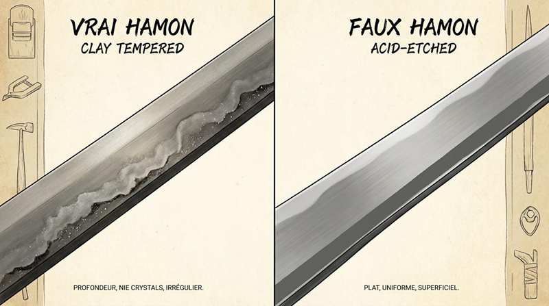 Comparison between real hamon and fake hamon on katana blade